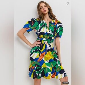 #096 Cute Floral Print Puff Sleeve Ruffle Dress